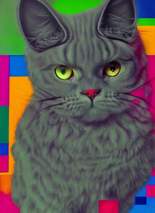 Image similar to futuristic lasers tracing, laser cat, selkirk rex longhair, by steven meisel, kaws, rolf armstrong, mondrian, kandinsky, perfect geometry abstract acrylic, octane hyperrealism photorealistic airbrush collage painting, dark monochrome, fluorescent colors, minimalist rule of thirds, eighties eros