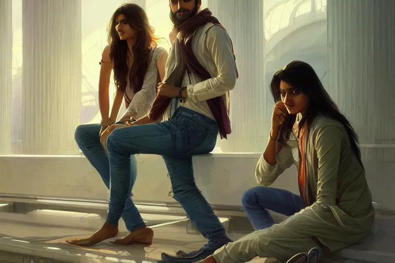 Image similar to Sensual good looking pale young Indian doctors wearing jeans in an airport, portrait, elegant, intricate, digital painting, artstation, concept art, smooth, sharp focus, illustration, art by artgerm and greg rutkowski and alphonse mucha