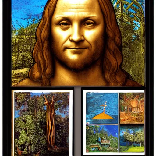 Image similar to photo gallerydock portraits of leonardo da vinci and the washing machine, dark psychedelic courtyard, poster art luminus rapids spice pine tree, by joe jusko and