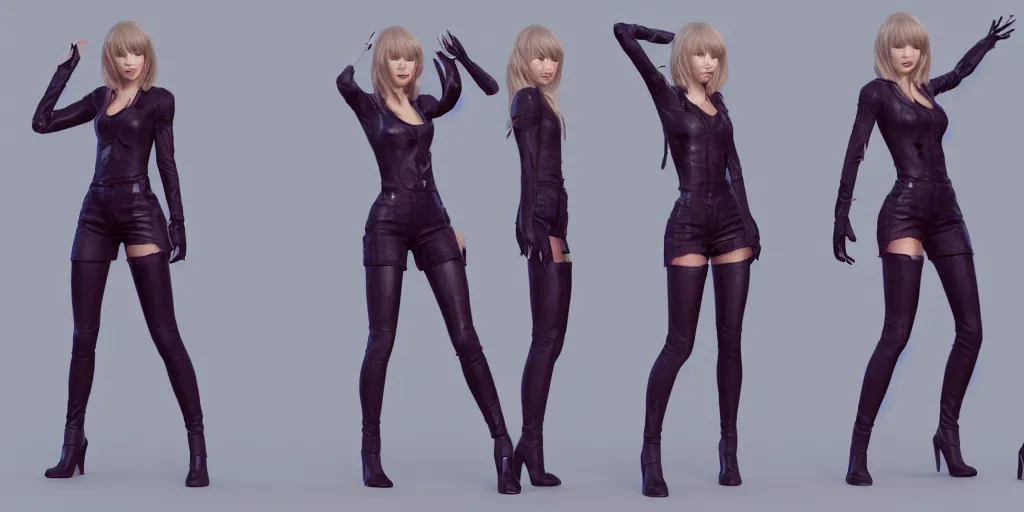Image similar to full-body character sheet of Taylor swift for the music video ‘More’ by KDA (league of legend), 3d render, octane render, 4K, volumetric, trending on art station