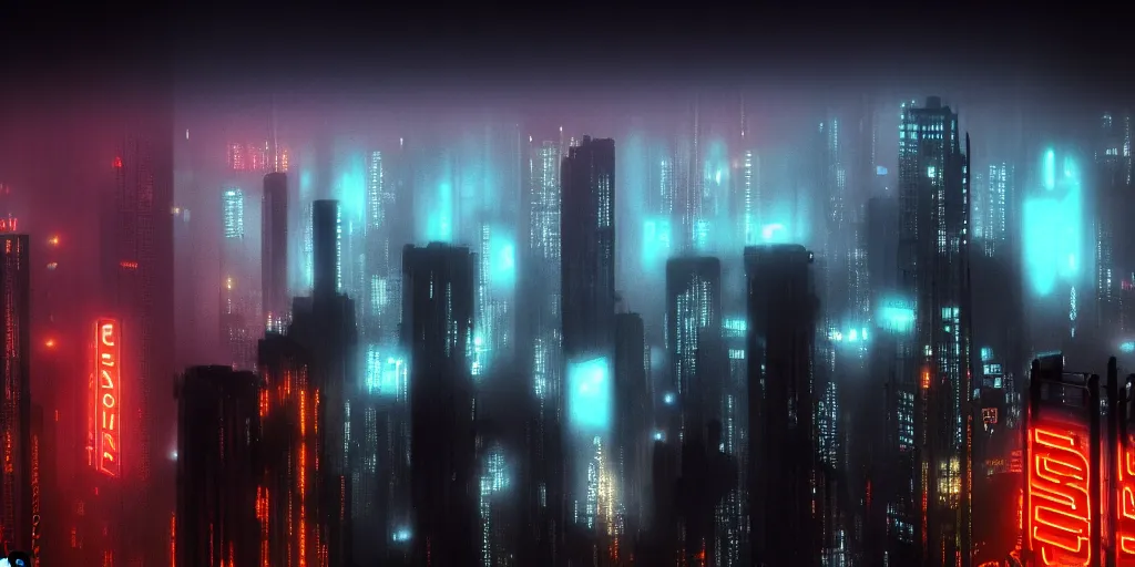 Image similar to megacity streets seen from above, neon signs, giant tv screens, eerie fog, blade runner, ex machina