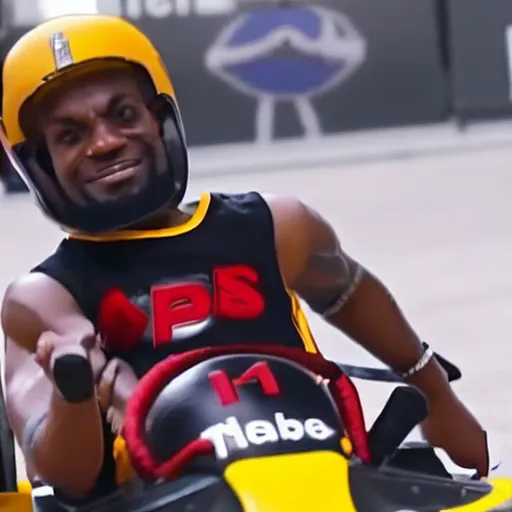 Image similar to youtube thumbnail about lebron james go karting