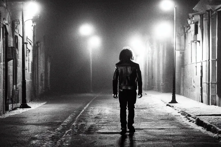 Image similar to movie shot of young man from back pacing lowering head dressed in short leather bomber jacket to empty narrow alley with street lamps in park with pines to the horizon, with hands in pockets, snowfall at night, mullet long haircut, black hairs, cinematic, dramatic, detailed, realistic, movie shot, low greenish lighting