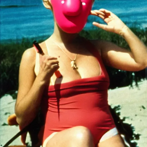 Image similar to 1981 woman on tv show wearing a squishy inflatable prosthetic mask long stick nose, soft color wearing a swimsuit at the beach 1981 color film 16mm holding a an inflatable animal Fellini John Waters Russ Meyer Doris Wishman old photo