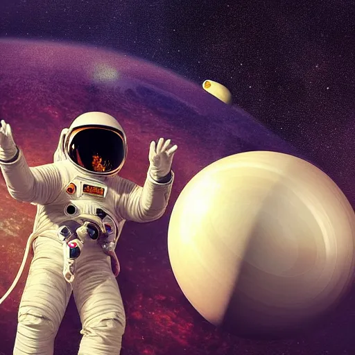 Prompt: An astronaut holding a bowling ball and playing bowling in space, floating bowling pins, stars and planets background, fantasy digital art, hyper-realistic