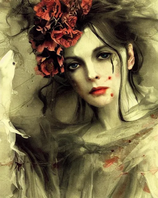 Prompt: a beautiful and eerie baroque painting of a beautiful but serious woman in layers of fear, in dead space, with haunted eyes and dark hair, 1 9 7 0 s, seventies, floral wallpaper, wilted flowers, a little blood, morning light showing injuries, delicate embellishments, painterly, offset printing technique, by robert henri, walter popp, alan lee