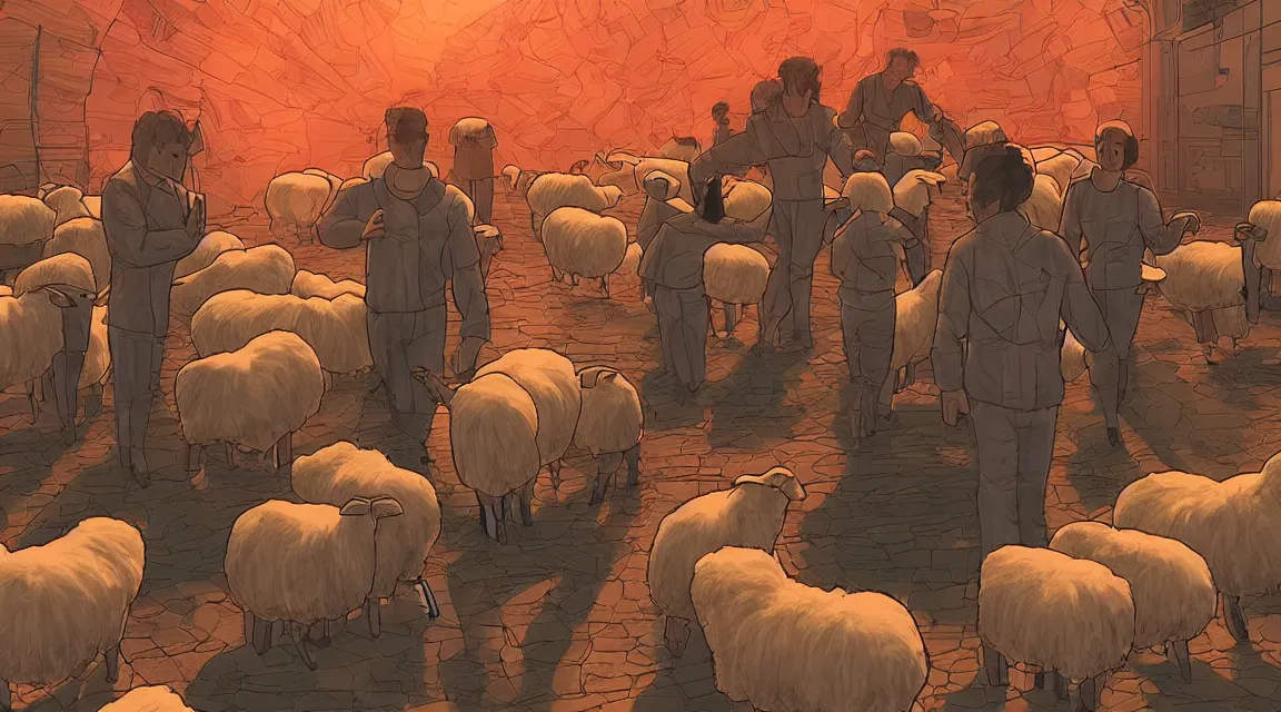Prompt: do the androids dreams with electric sheeps, Wilbur Mercer, Rick Deckard, friend buster, Philip K. D. ,digital art, illustration style