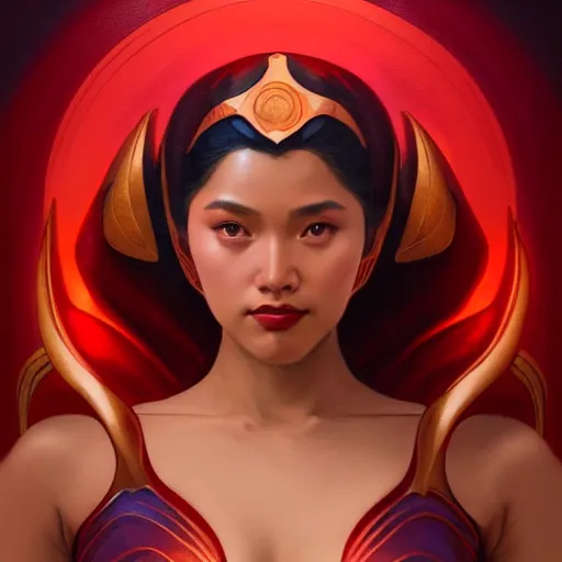 Prompt: jane de leon as darna, volumetric lights, red and cyan theme, art nouveau botanicals, intricate, highly detailed, digital painting, artstation, concept art, smooth, sharp focus, cinematic, illustration, beautiful face, art by artgerm and greg rutkowski and alphonse mucha