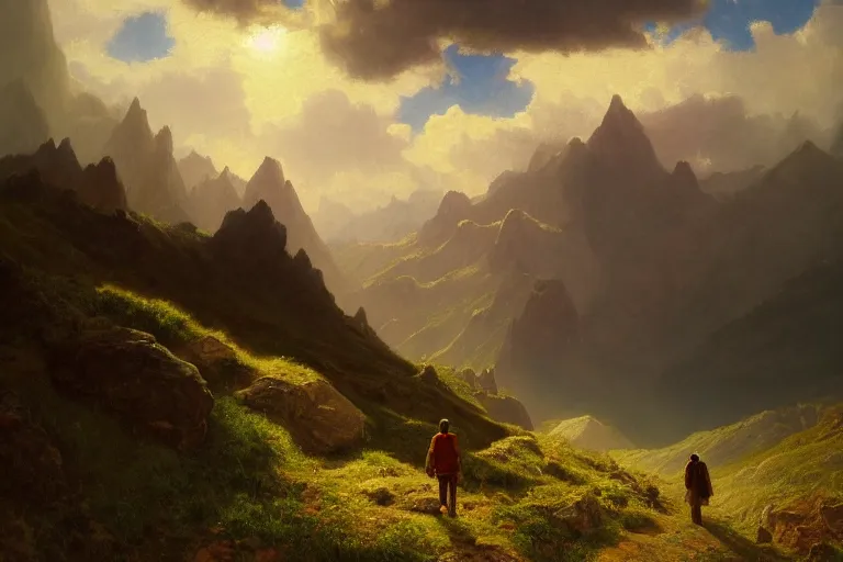 Prompt: a traveler wandering trough the mountains looking at the clouds, very detailed, oil painting, cinematic lighting, neo-romanticism, albert bierstadt, trending on artstation, colorful