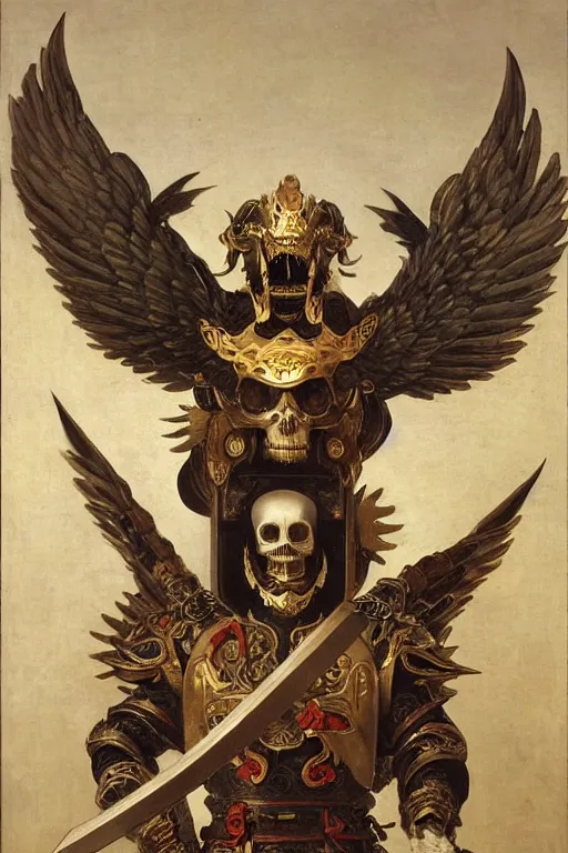 Image similar to portrait of a skeleton with chinese dragon in armor and helmet, majestic, solemn, big sword, wearing helmets and armor with wings, symmetrical, solemn, sacred, aura, by bouguereau