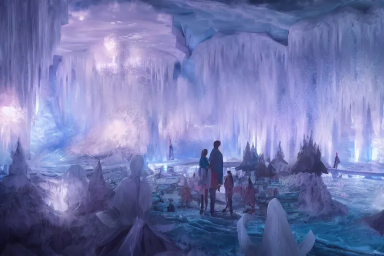 Image similar to cold majestic dream ice palace in the heaven mountains | artstation scenery art | volumetric lighting | makoto shinkai