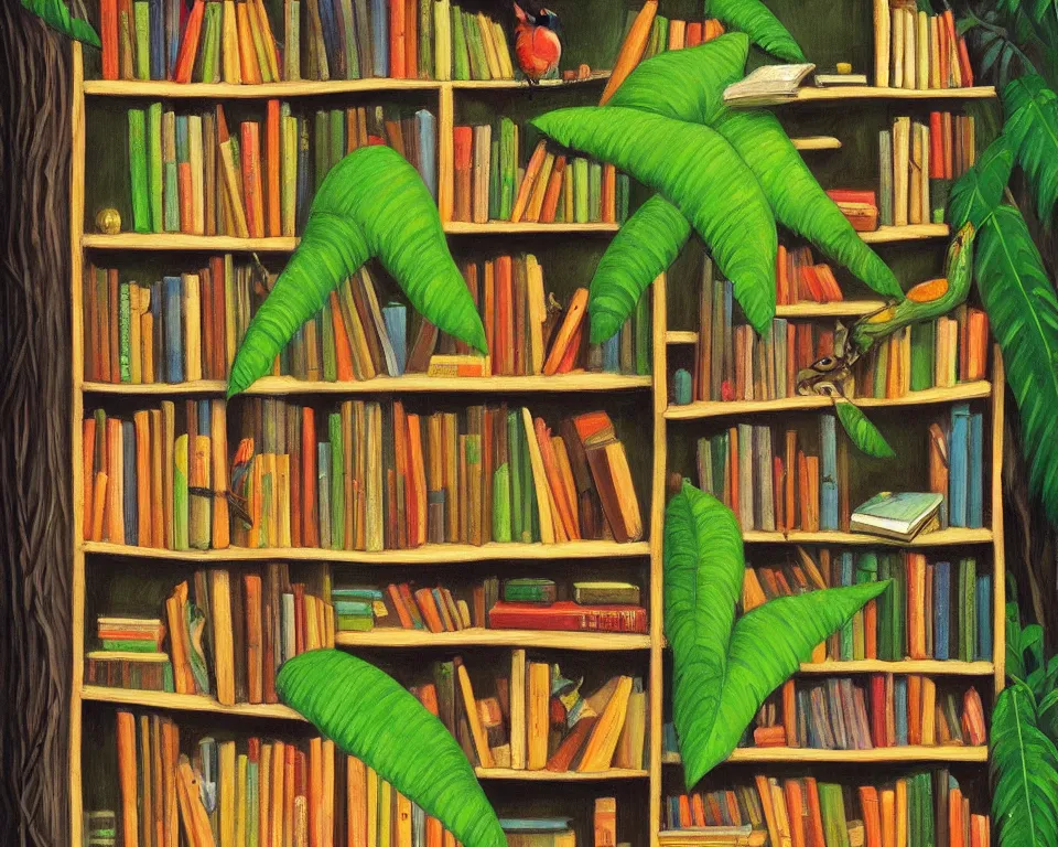 Prompt: one small bookshelf in the rainforest, featuring gavels, by hopper. hyperdetailed, proportional, romantic, enchanting, achingly beautiful, graphic print, trending on artstation, jungle, tropical, foliage