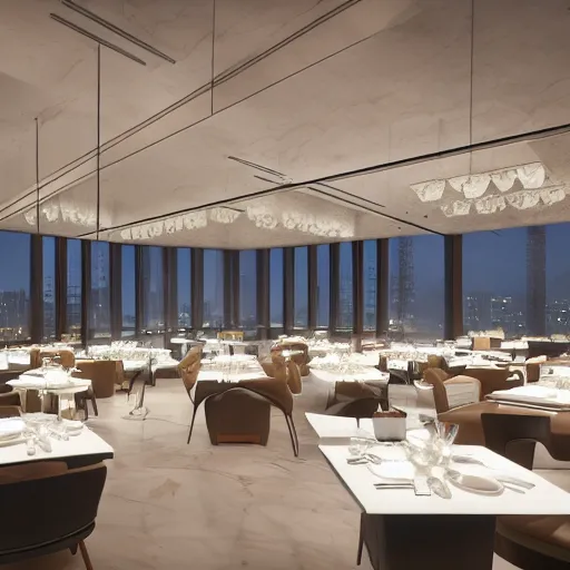 Image similar to modern high end designer restaurant at night in the foggy rain, symmetrical art deco office building with accent lighting, moody, epic composition, professional photograph, highly detailed, warm lighting interior, matte painting, large windows, large statue with wings, dramatic lighting, unreal engine, pastels