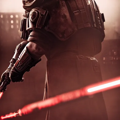 Image similar to Darth Maul in gears of war, splash art, movie still, detailed face, cinematic lighting, dramatic, octane render, long lens, shallow depth of field, bokeh, anamorphic lens flare, 8k, hyper detailed, 35mm film grain