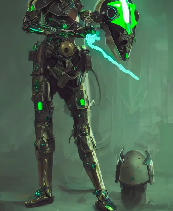 Image similar to an excellent full body portrait of a masked cyborg warrior with jade green armour and a futuristic helmet with a neon jade visor by Steohan Martiniere and Peter Mohrbacher, 4k resolution, detailed
