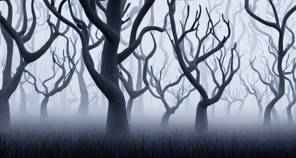 Image similar to a 3d render of a creepy foggy forest with twisted trees, by pixar and tim burton