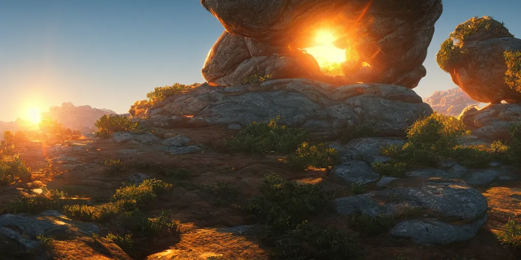 Image similar to epic landscape, rock shaped in the form of a doughnut with sunlight coming through, 8 k uhd, unreal engine, octane render in the artstyle of kuindzhi