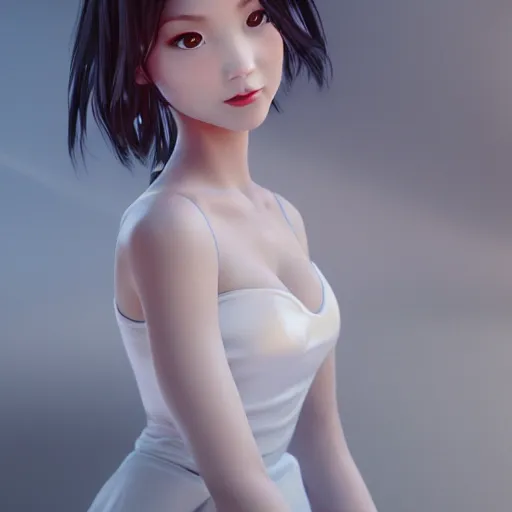 Image similar to a cute girl in white dress, by ruan jia, by yun ling, happy expression, smile, unreal engine, 3 d render, 8 k, closeup headshot, smooth, trending on artstation, digital illustration, black hair