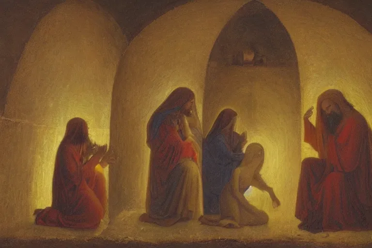 Image similar to inside the tomb of jesus, dark scene, light coming in from the left, small steps leading down, 3 marys crouching in colored robes at the tomb | 2 angels on the right side | medium close | fibonacci composition, by odd nerdrum