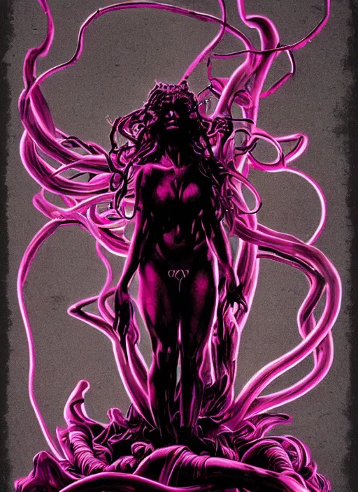 Prompt: dark design poster showing a statue of medusa, black background with very subtle red and purple design elements, powerful, ominous, nekro, guido crepax, thin straight lines, dark, glitch art, neo vaporwave, gritty, layout frame, square, trending on artstation