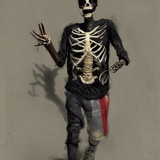 Image similar to a cool skeleton wearing nike shoes and a gucci shirt,digital art,realistic,detailed,art by greg rutkowski