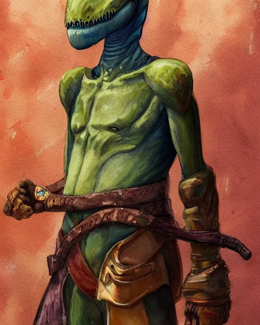 Prompt: a oil / watercolor painting full body character portrait of a humanoid dinosaur village knight / guard in the style of moebius in the style of leonard boyarsky trending on artstation deviantart pinterest detailed photorealistic highlights and shadow hd 8 k post - processing high resolution