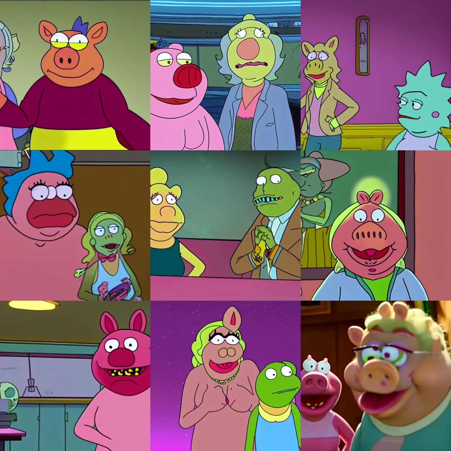 Prompt: a film still of miss piggy on rick and morty