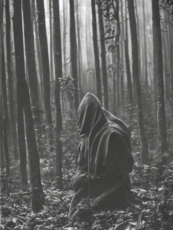 Prompt: hooded figure in cannabis forest, ww1 photo, grainy, high detail, high resolution,