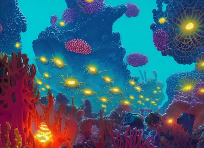 Prompt: a luminescent coral reef by paolo eleuteri serpieri and tomer hanuka and chesley bonestell and daniel merriam and tomokazu matsuyama and killian eng, unreal engine, high resolution render, featured on artstation, octane, 8 k, highly intricate details, vivid colors, vector illustration, rainbow colors