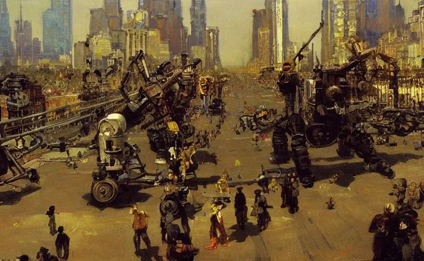 Prompt: high quality high detail painting by ilya repin, robots taking over the city, hd