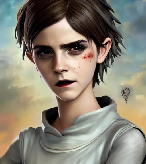 Prompt: an epic fantasy comic book style portrait painting of an extremely cute and adorable very tomboyish tomboy industrial goth vampire emma watson, character design by mark ryden and pixar and hayao miyazaki, unreal 5, daz, hyperrealistic, octane render, cosplay, rpg portrait, dynamic lighting, intricate detail, summer vibrancy, cinematic