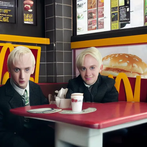 Image similar to Draco Malfoy and Eddie Munson sitting at a booth in McDonalds, McDonalds interior background, photo