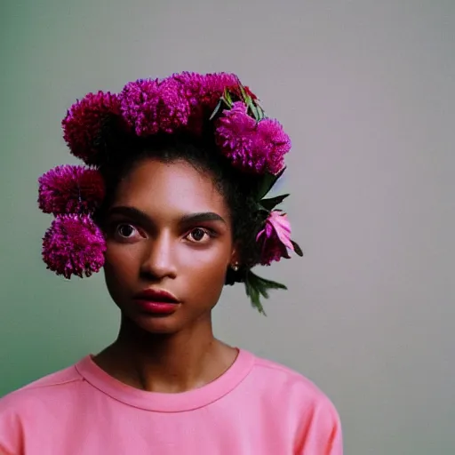 Image similar to realistic photoshoot for a aime leon dore lookbook, color film photography, portrait of a beautiful woman in style of tyler Mitchell, person has a flower in her hair, 35mm, graflex