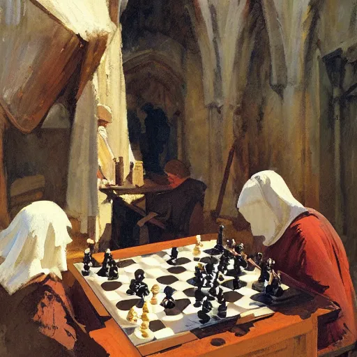 Prompt: portrait of man in medieval clothes playing chess, detailed by greg manchess, craig mullins, bernie fuchs, walter everett