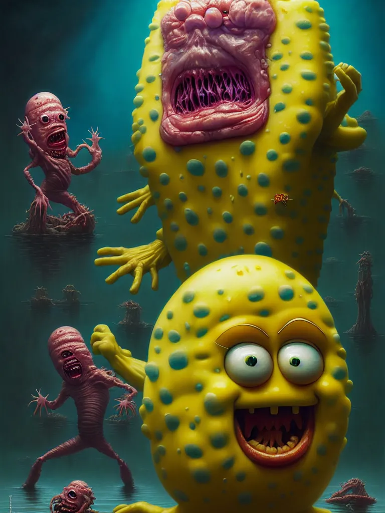 Image similar to hyperrealistic rendering, fat smooth john carpenter flesh monster spongebob by donato giancola and greg rutkowski and wayne barlow and zdzisław beksinski, product photography, action figure, sofubi, studio lighting, colored gels, colored background