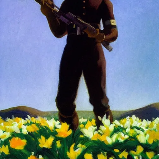 Prompt: black futuristic soldier on a land of white flowers by Edward Hopper