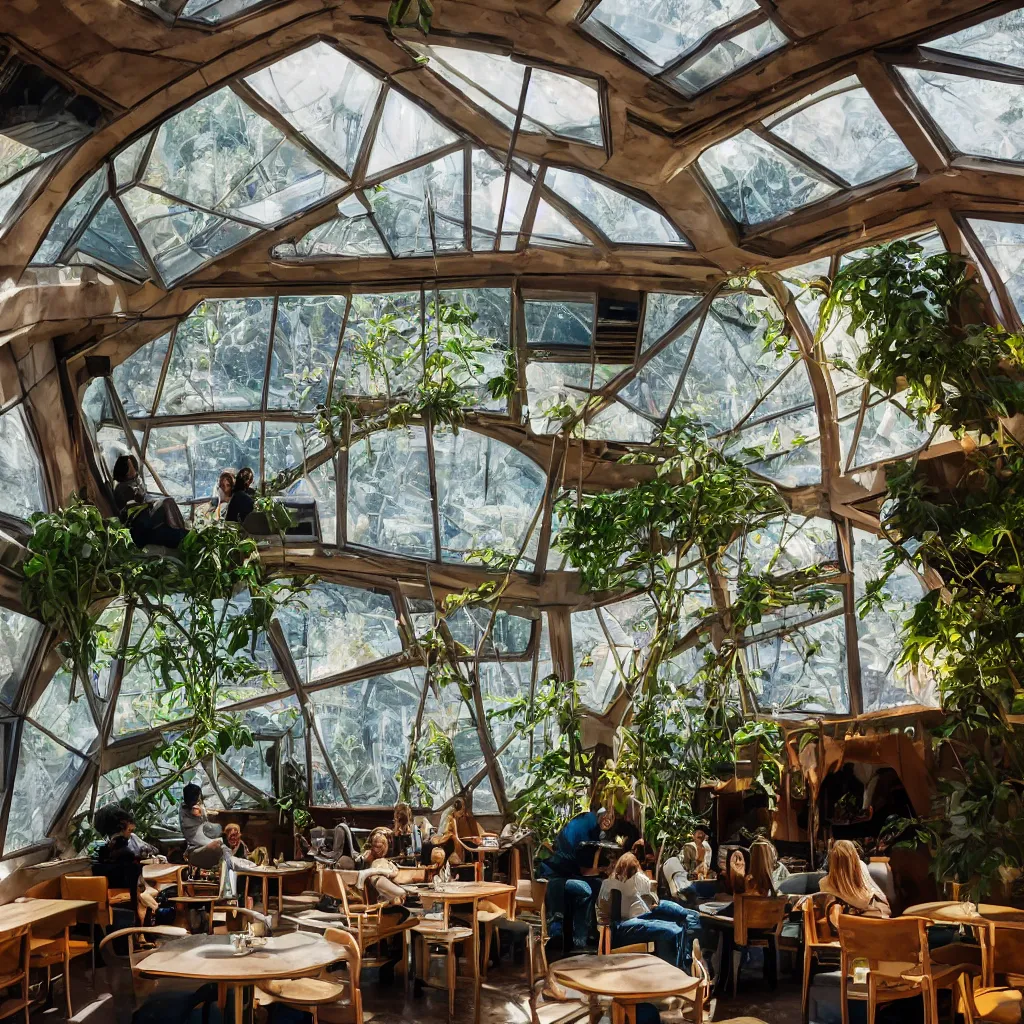 Image similar to inside luxurious earthship cafe with sunken lounge and indoor garden with skylights, friendly barista, and artist painting a geometric mural on the wall, clean and simple composition, golden ratio, rule of thirds, XF IQ4, 150MP, 50mm, F1.4, ISO 200, 1/160s, dawn