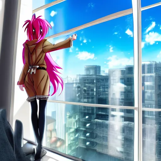 Image similar to an attractive anime woman with multicolored hair looking out of a window of a tall building