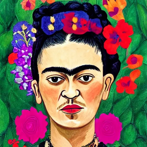 Image similar to a portrait of frida kahlo, with colorful flowers in her hair