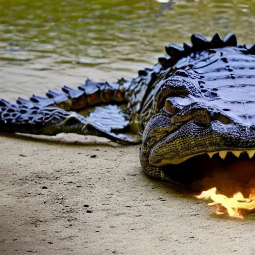 Prompt: found footage of an alligator living in a cottage on fire