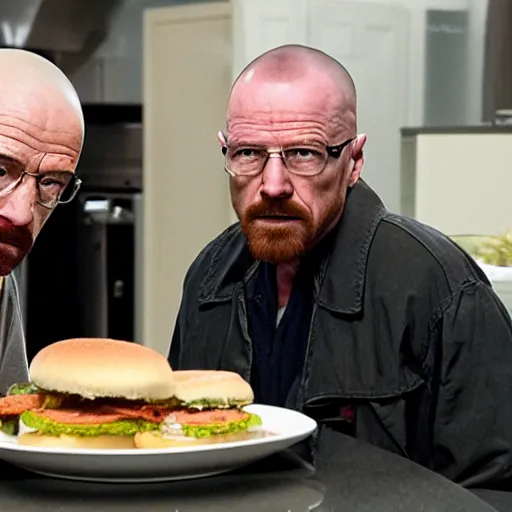 Image similar to walter white and jesse pinkman eating hamburger