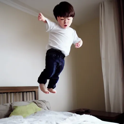 Prompt: little cute boy jumping on his bed by WLOP