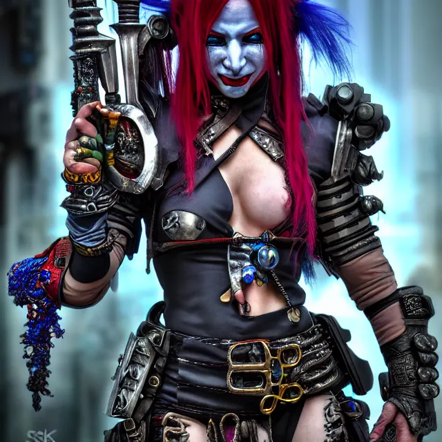 Image similar to cyberpunk jester warrior, highly detailed, 4 k, hdr, smooth, sharp focus, high resolution, award - winning photo, anne stokes, photorealistic