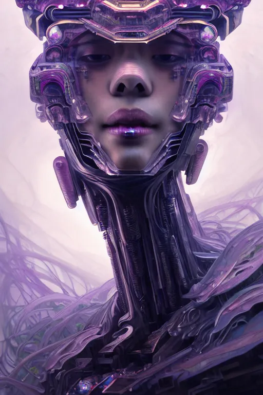 Image similar to dreamland of chinese, ghost, gorgeous and huge head ornaments, dystopian, cyberpunk, organic fractal mycelum and fungi, mecha, halfturn portrait of a big crystal face made of crystals half - turn, ominous, intricate, studio, art by anthony macbain + greg rutkowski + alphonse mucha, concept art, 4 k, sharp focus