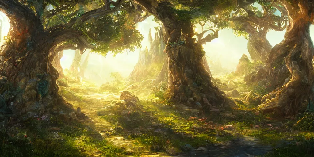 Image similar to a fantasy town nestled within the boughs of yggdrasil, illustration, bright sunlight, sun glints, sunrays, digital art, hyperrealistic, oil painting, fantasy, 8 k, trending on artstation, detailed