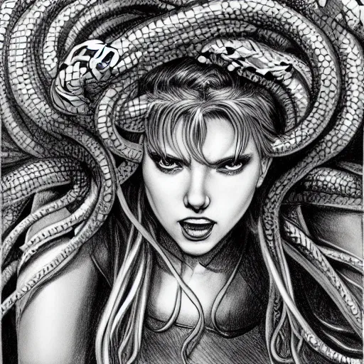 Prompt: pencil drawing of scarlett johansson as medusa wearing snakes in her head in the berserk manga, smiling expression showing fangs, big snakes heads, by kentaro miura