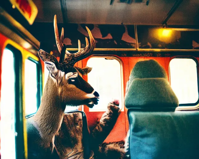 Prompt: a lomography photo of rumble between two human with deer head in soviet train this morning, bokeh,