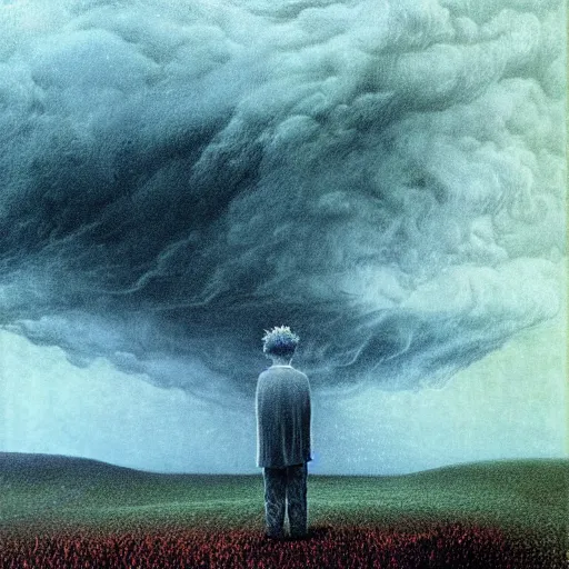 Image similar to killua zoldyck made by zdzisław beksinski, thunderstorm, 8 k, detailed, cinematic, rain, crying, black