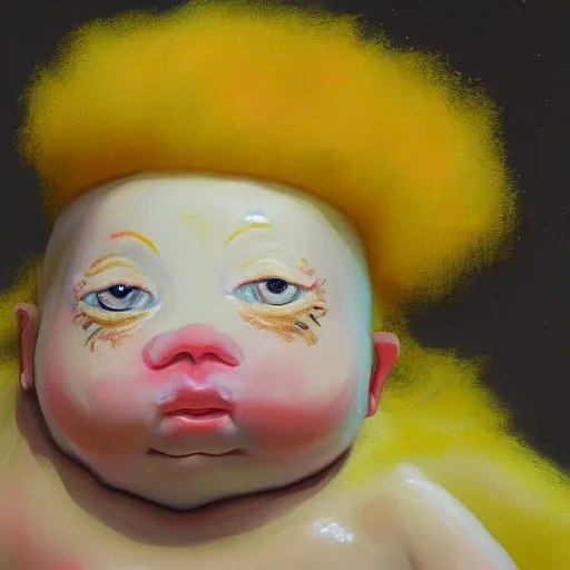 Image similar to Painting of a glowing kewpie doll that looks like Big Bird, painted in the style of Watteau with sad minion eyes