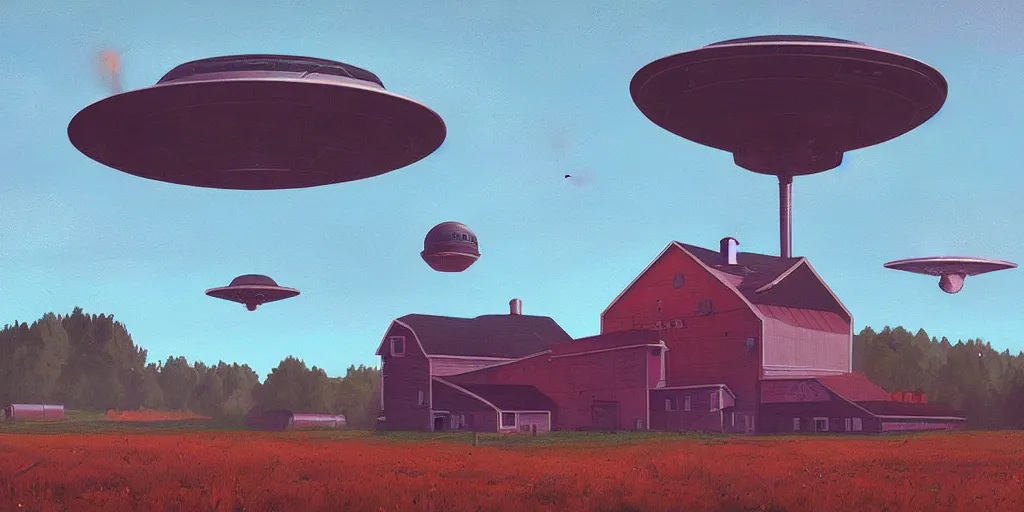 Prompt: ufo over a farm in rural america by simon stalenhag, painting, art station trending